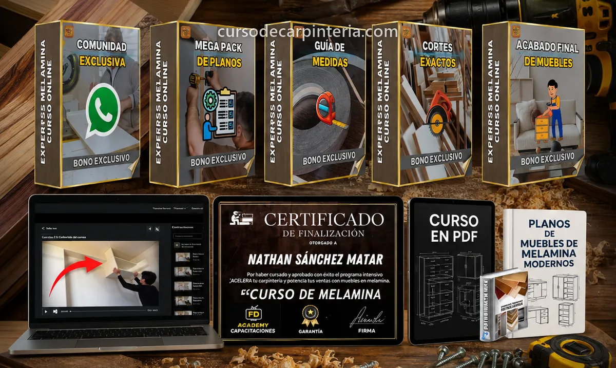 Curso Expertos en muebles de melamina con 6 bonos, certificado y planos