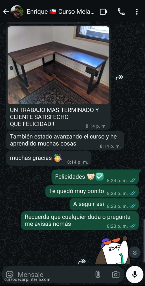 Mensaje de un alumno del curso de melamina