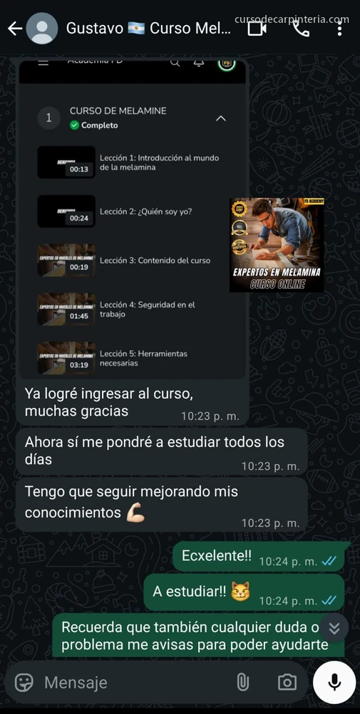 Mensaje de un alumno del curso de melamina