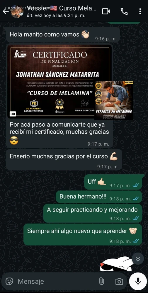 Mensaje de un alumno del curso de melamina