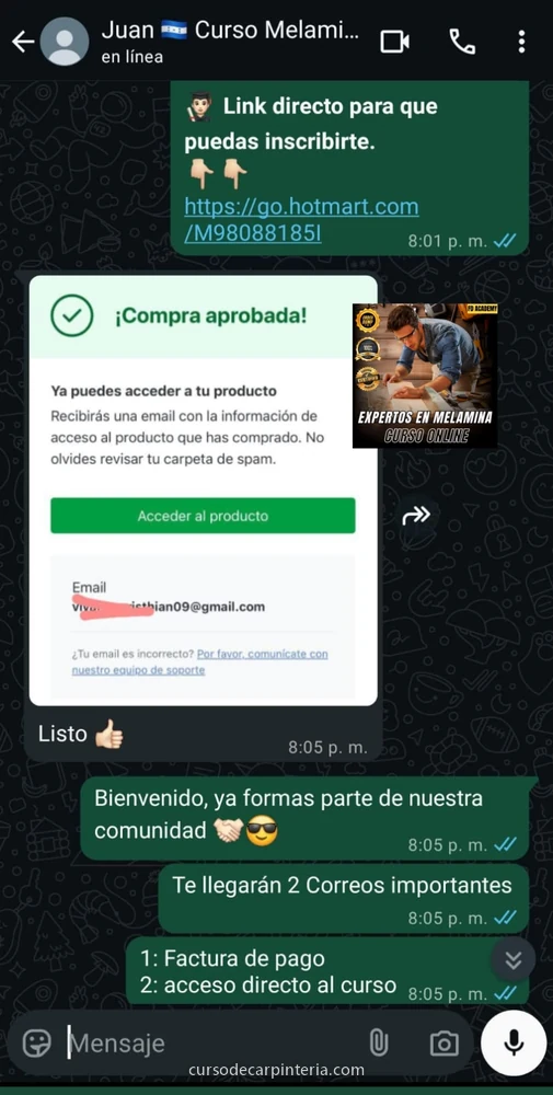 Mensaje de un alumno del curso de melamina