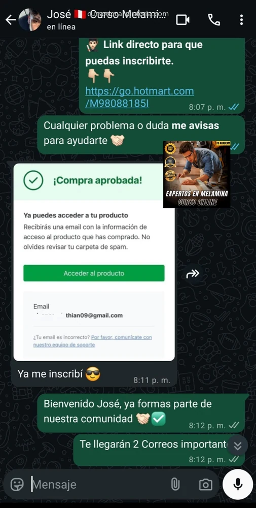 Mensaje de un alumno del curso de melamina